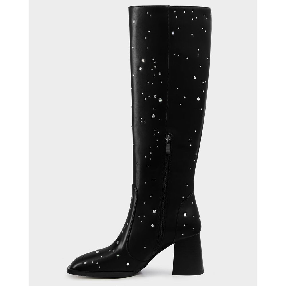 NEW MUCCCUTE BLACK RHINESTONE BOOTS FOR WOMEN SQUARE TOE KNEE HIGH BOOTS CHUNKY - Picture 2 of 5